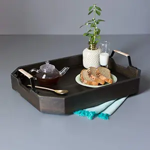 Tray or Serving Platter Set of 1 Serving Tray for Home | Dining Table Decorative Trays | Serving Tray for Party Guests | Hexagon Platter with Handles(Black Cane Handle)