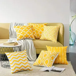 Cotton Printed Decorative Pillow Cushion Cover for Sofa Bed or Living Room (16 x 16 inches/40 x 40 cm Yellow) - Set of 6