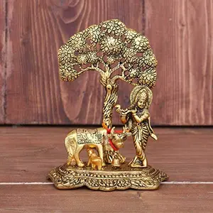 Metal Krishna with Cow Standing Under Tree Plying te (Gold 12x8x17cm)