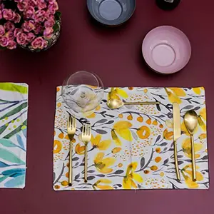 Table Mats/Placemats for Dining Table 6 Piece Set | Washable Printed Cloth Kitchen mats 45 x 30 cm Rectangular Dressing Table Placemats (Yellow White)