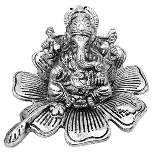 Ganesha Sitting On Leaf With Diya Silver Plated