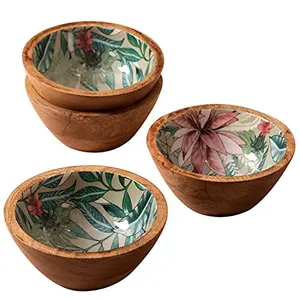 Serving Bowls wooden for snacks dry fruits | printed decorative potpourri bowls for gifting | Mango wood with Decaling print with clear Enamel | Green floral print 6 Inches diameter Bowl Set of 4