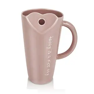 Premium Quality Porcelain Mug with Metal Straw for Coffee , Tea , Milk , Beverages 500 ML - Pink Color - Pack of 1