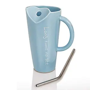 Premium Quality Porcelain Mug with Metal Straw for Coffee , Tea , Milk , Beverages 500 ML - Sky Color - Pack of 1