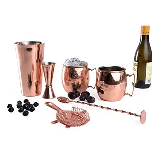 Combo of 6 Pcs ( Bar Strainer 4 prong Deluxe - Copper Plating , Bar Spoon Masher Full Twist Copper Coated , Boston Shaker With Copper Plated , Moscow Mule with Brass Handle)