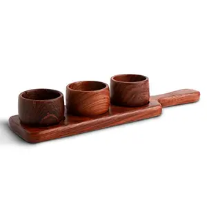 Wooden Sauce Server Tray with 3 Dips Bowl , Use for Serve Vinegar , Salad , Soy Sauce , Snack , in Hotels , Kitchen , Home , Restaurant