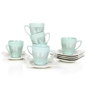 Porcelain Tea Cup with Saucer Set - 80 ML Green , 12 Pieces for Home , Office , Gift
