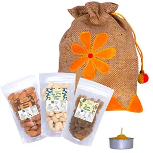Diwali Dry Fruits with Free Pouch and Diwali Lamp 240gm (8.46 OZ) | Cashews Almonds Raisins Potli Bag