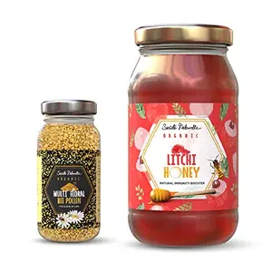 Organic Lychee Honey - 500 GMS & Multi Floral Bee Pollen - 125 GMS / Certified Honey / Natural Immune Booster / Pure Unpasteurized Unprocessed Not Heated / Glass Jar