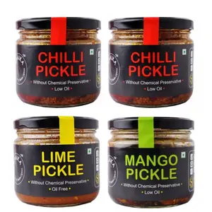 Red Chilli, Lemon and Mango Pickle - Indian Home Made Low Oil Achaar 800 GR (28.21oz) (Pack of 3+1 Extra Chilli Pickle Free)