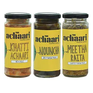 The Achaari Homemade Mango Pickle (Pack of 3) (Khatti Achaari Red Chilli Nouncha & Meetha Raita)