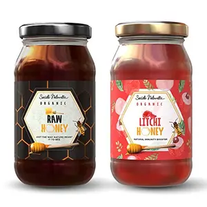 Super Saver Pack Raw Honey Organic Unfiltered & Lychee Organic Honey - 500 GMS x Pack of 2 | Natural Immune Booster | Pure Raw Unpasteurized Unprocessed Unfiltered | Glass Jar