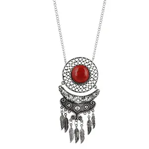 Silver and Red Stone Beads Afgani Silver Necklace for Women