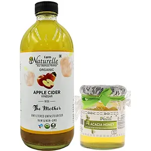 Glass Bottle Organic Apple Cider Vinegar with Mother-500 ml Along with Raw Acacia Forest Honey 250 g