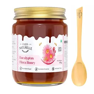 Farm Naturelle-Eucalyptus Flower Wild Forest (Jungle) Honey| Pure Honey, Raw | Natural Un-processed - Un-heated Honey | Lab Tested Honey, Glass Bottle-700g+75gm Extra and a wooden Spoon.