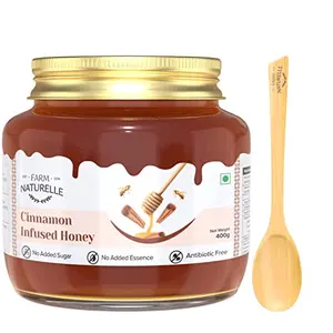 Farm Naturelle-Cinnamon Infused Honey | No Added Sugars, No Adulteration, Improves Immunity | 100% Pure Raw Natural Wild Forest Honey 400gm and a Wooden Spoon