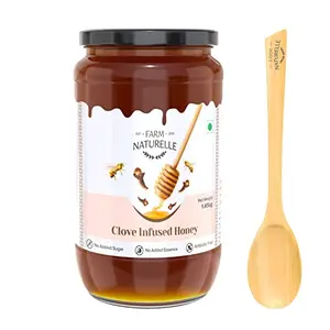 Farm Naturelle-Clove Infused Wild Forest (jungle) Honey | 100% Pure, Raw Natural - Un-processed - Un-heated Honey | Lab Tested Clove Honey In Glass Bottle 1.45kg and a Wooden Spoon
