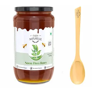 Farm Naturelle - 100% Pure Neem Forest Flower Honey | Raw Natural Ayurved Recommended Unprocessed Honey |Naturally Occurring Antioxidants & Minerals - Neem Honey 1.45 KG -Glass Bottle and a wooden Spoon.