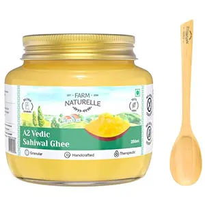 Farm Naturelle-A2 Desi Cow Ghee| Grass Fed Sahiwal Cows |Vedic Bilona method -Curd Churned - Golden, Grainy & Aromatic, Keto Friendly, NON-GMO, Lab tested - 200ml+50ml Extra With a Wooden Spoon In Glass Jar