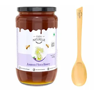 Farm Naturelle: Jamun Flower Honey, Wild Forest (Jungle) Honey | 100% Pure Honey, Raw Natural Un-processed - Un-heated Honey | Lab Tested In Glass Bottle-1450g and a Wooden Spoon.