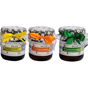 Raw Natural Unprocessed Tulsi Forest Flower Honey & Jungle Flower Forest Honey & Eucalyptus Flower Honey (250 GMS x 3 Now in Glass Bottles ) (Ayurved Recommended)-Now in Glass Bottles