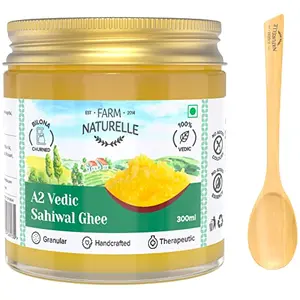 Farm Naturelle-A2 Desi Cow Ghee| Grass Fed Sahiwal Cows |Vedic Bilona method -Curd Churned - Golden, Grainy & Aromatic, Keto Friendly, NON-GMO, Lab tested - 300ml With a Wooden Spoon In Glass Jar