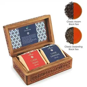 Octavius indian Tea Collection | Assorted 2 Black Loose Leaf Tea 100 gms each in Handcrafted Carved Wooden gift box | Classic Assam | Classic Darjeeling | 100 Servings( 50 Cups Per Pack)