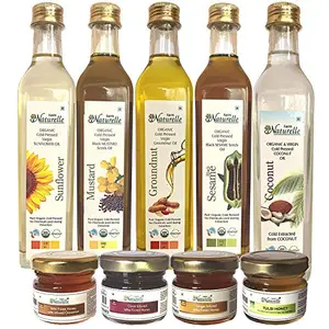 (Glass Bottles) Organic Virgin Cold Pressed Cooking Oils -Mustard Sunflower Groundnut Black Sesame Seed & Coconut Oil (500MLX5) + (4x40 GMS) Tulsi Ginger Cinnamon. Clove Honey