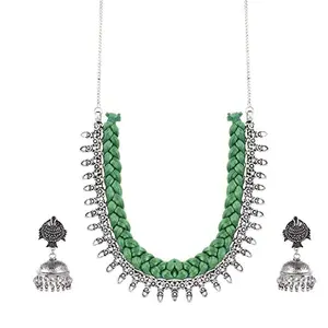 Designer Green Silk Thread German Silver Necklace Set for Women