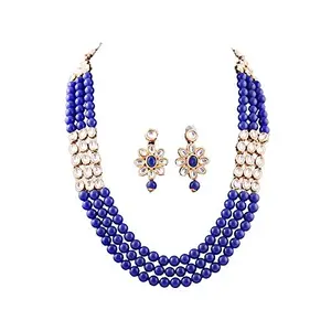 Three Layer Blue Gold Plated Kundan Necklace for Women (Blue)