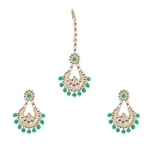 Gold Plated Green Kundan & Pearl Earring Set with Maang Tikka for Women