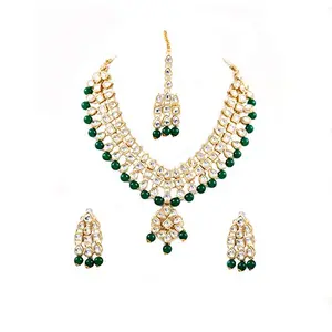 Designer Green Beads Gold Plated Kundan Necklace Set for Women