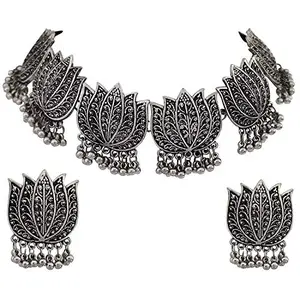 Antique Silver Oxidised Tribal Afghani Necklace Set with Earrings for Women