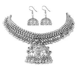 Antique Silver Oxidised Tribal Afghani Jewellery Set with Jhumki Earrings for Women