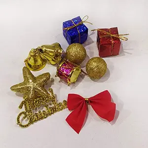 Christmas Hanging Mini Size All in One Christmas Ornaments Decoration Set of Satin Balls Bells Stars Joy Sticks Gifts and Drums