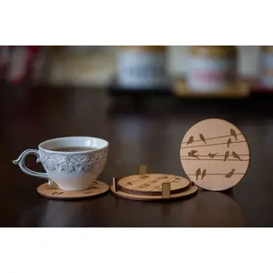 Round Coasters With Birds Design Engraved ( Set Of 4)