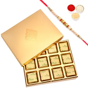 Ghastitaram Gifts - Golden 12 pcs Roasted Almond Chocolate Box With Pearl Rakhi