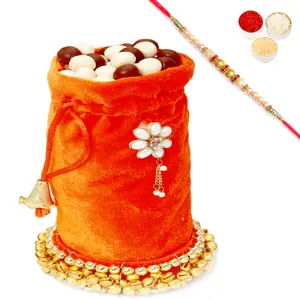Ghastitaram Gifts - Orange Velvet Nutties Potli With Pearl Rakhi