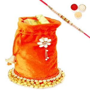 Ghastitaram Gifts - Orange Velvet Chocolate Potli With Pearl Rakhi