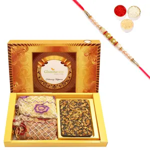 Ghastitaram Gifts - Big Box Of Walnut Chocolate Bark, Almonds and Namkeen Pouch With Pearl Rakhi