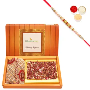 Ghastitaram Gifts - Box Of White Chocolate Bark and Almonds Pouch With Pearl Rakhi