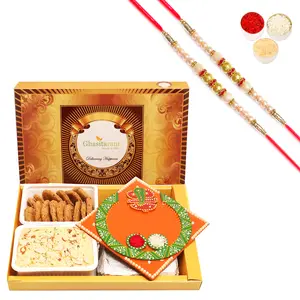Ghastitaram Gifts - Big Box of Soan Papdi, Methi Mathi and Orange Ganesha Pooja Thali With 2 Pearl Rakhis
