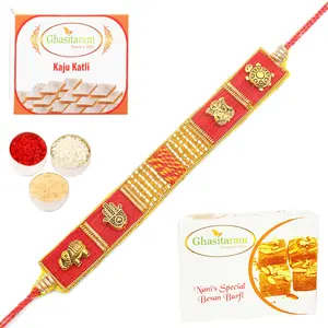 Ghastitaram Gifts - Rakhi for Brother Rakhis Online - RM600 - Red Traditional Bracelet Rakhi with 200 gms of Besan Barfi and 200 gms of Kaju Katli