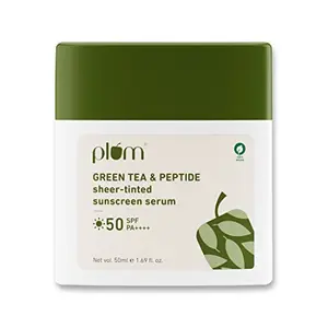Plum Green Tea & Peptide Sheer-tinted Serum with SPF 50 & PA++++ | Universal Tint | Suits All Skin Tones | Pimples | Prevents Wrinkles | UVA & UVB Protection | No White Cast | 100% Vegan | 50ml