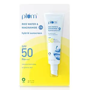 Plum 2% Niacinamide & Rice Water Hybrid Face with SPF 50 PA+++ | Protects & Brightens Skin | No White Cast | s Blemishes | Non-Greasy | UVA & UVB Protection | All Skin Types | 50 g
