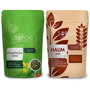 Sorich Organics Pumpkin Seeds 400 Gm and Halim Seed 400 Gm Combo Pack - 800 Gm - High Protein Diet Snacks | Super Healthy Seeds Combo for Eating | Rich in Fiber & Iron | Halim Seeds for Eating | Management | | Vegan
