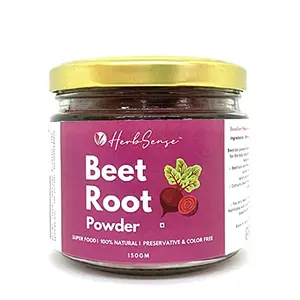 Herbsense Beetroot Powder- Best For Skin Hair & Health | Superfood | 100% Natural| Free From Preservaties & Artificial Color | Rich in antidietary fiber calcium iron | Glass Jar 150 GM