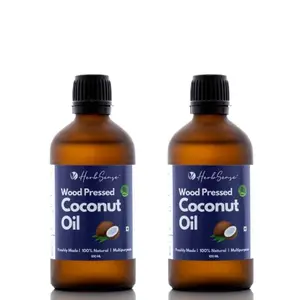 Herbsense Coconut oil | 2 packs | Wood Pressed 100% Natural Unrefined & Unfiltered Oils Zero added Chemical Plant Based Oils For Hair Skin & Body Massage Hair Oil Care (Glass Bottle 100ml x 2)