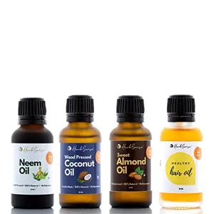 Herbsense Wood Pressed Mini Hair Oils Combo Pack- Sweet Almond Oil Coconut Oil Healthy Hair Oil & Neem Oil Wood Pressed Zero added Preservative & Chemical Hair Growth Oil Body Massage OilCare Mini Oil Shots Pack of 4 ( 30ml x 4 )