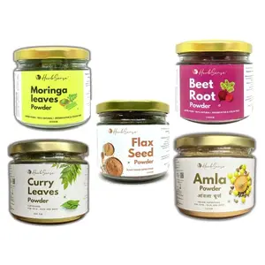 Herbsense Superfoods For Healthy Skin Hair & Body | Combo Pack of 5 Jars- Beetroot Powder Flaxseed Powder  Amla Powder & Curry Leaves powder